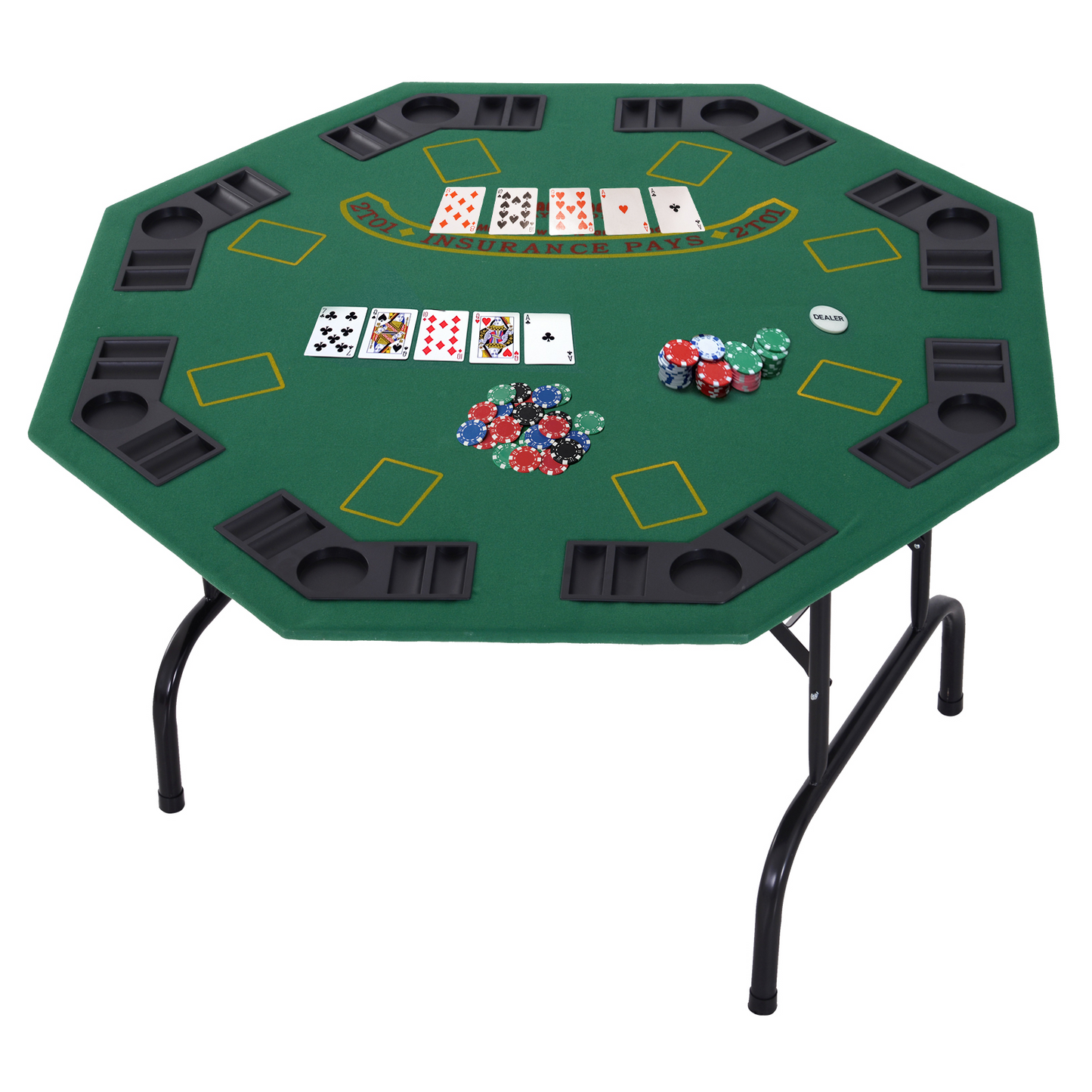 HOMCOM 8 Player Folding Games Poker Table with Chip Cup Holder Steel Base Felt Top Octagon Blackjack Casino Green