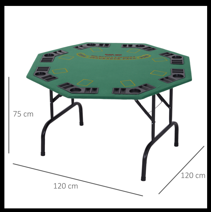 HOMCOM 8 Player Folding Games Poker Table with Chip Cup Holder Steel Base Felt Top Octagon Blackjack Casino Green