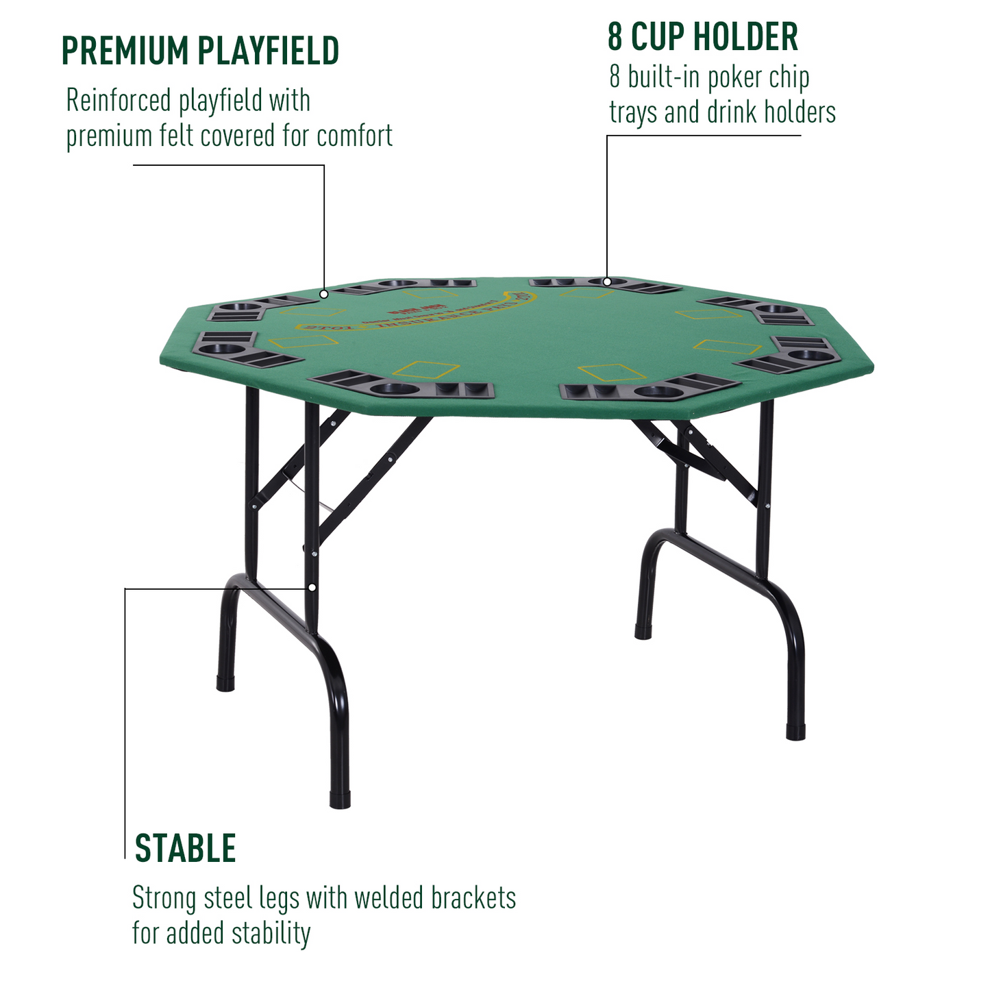 HOMCOM 8 Player Folding Games Poker Table with Chip Cup Holder Steel Base Felt Top Octagon Blackjack Casino Green