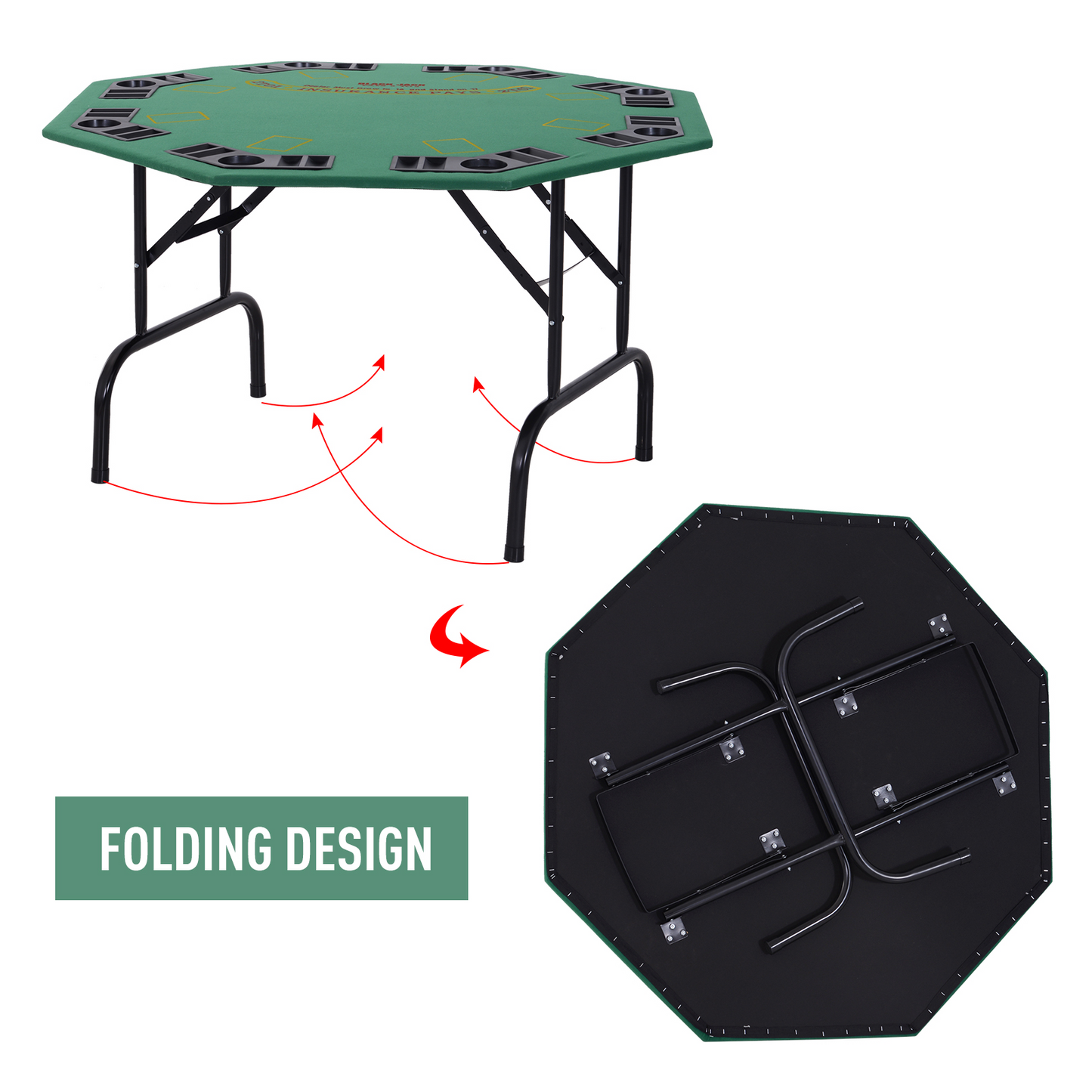 HOMCOM 8 Player Folding Games Poker Table with Chip Cup Holder Steel Base Felt Top Octagon Blackjack Casino Green