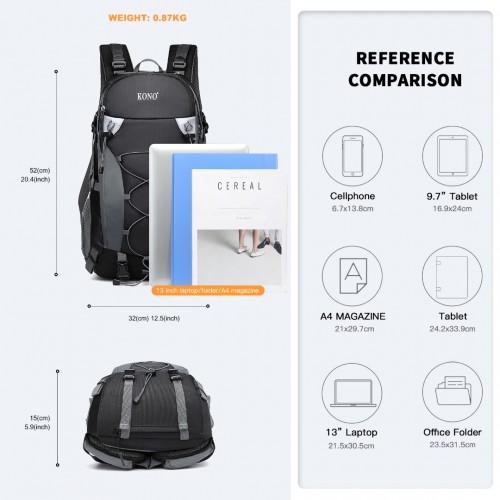 EQ2238 - Kono Multi Functional Outdoor Hiking Backpack With Rain Cover - Black