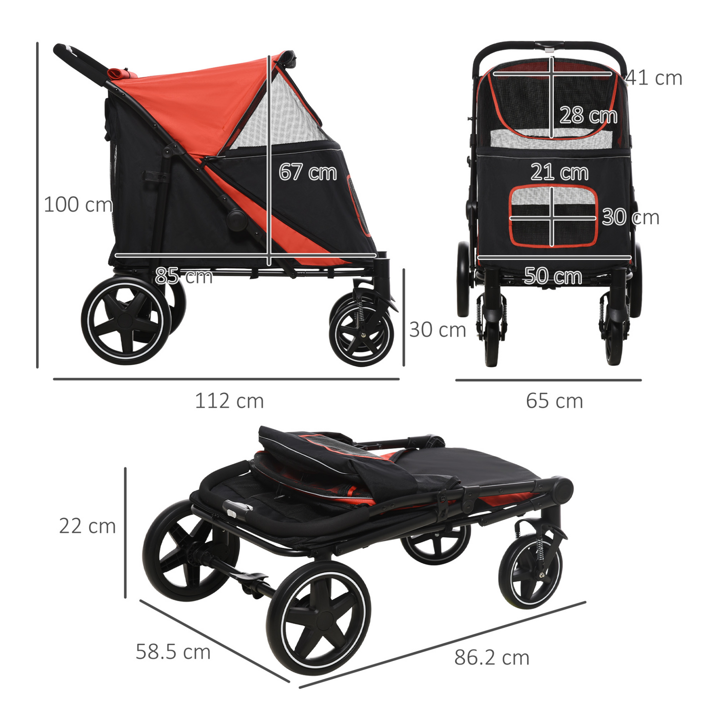 PawHut Pet Stroller w/ Universal Front Wheels, Shock Absorber, One Click Foldable Dog Cat Carriage w/ Brakes, Storage Bags, Mesh Window, Safety Leash, for Large and Medium Dogs - Red