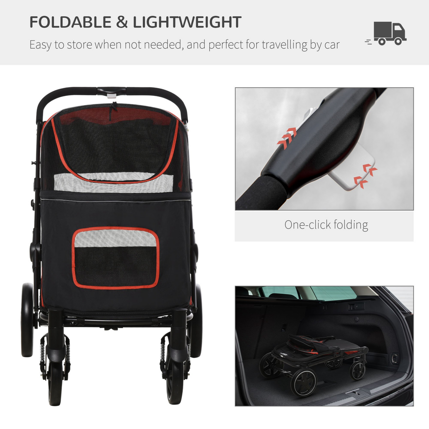 PawHut Pet Stroller w/ Universal Front Wheels, Shock Absorber, One Click Foldable Dog Cat Carriage w/ Brakes, Storage Bags, Mesh Window, Safety Leash, for Large and Medium Dogs - Red