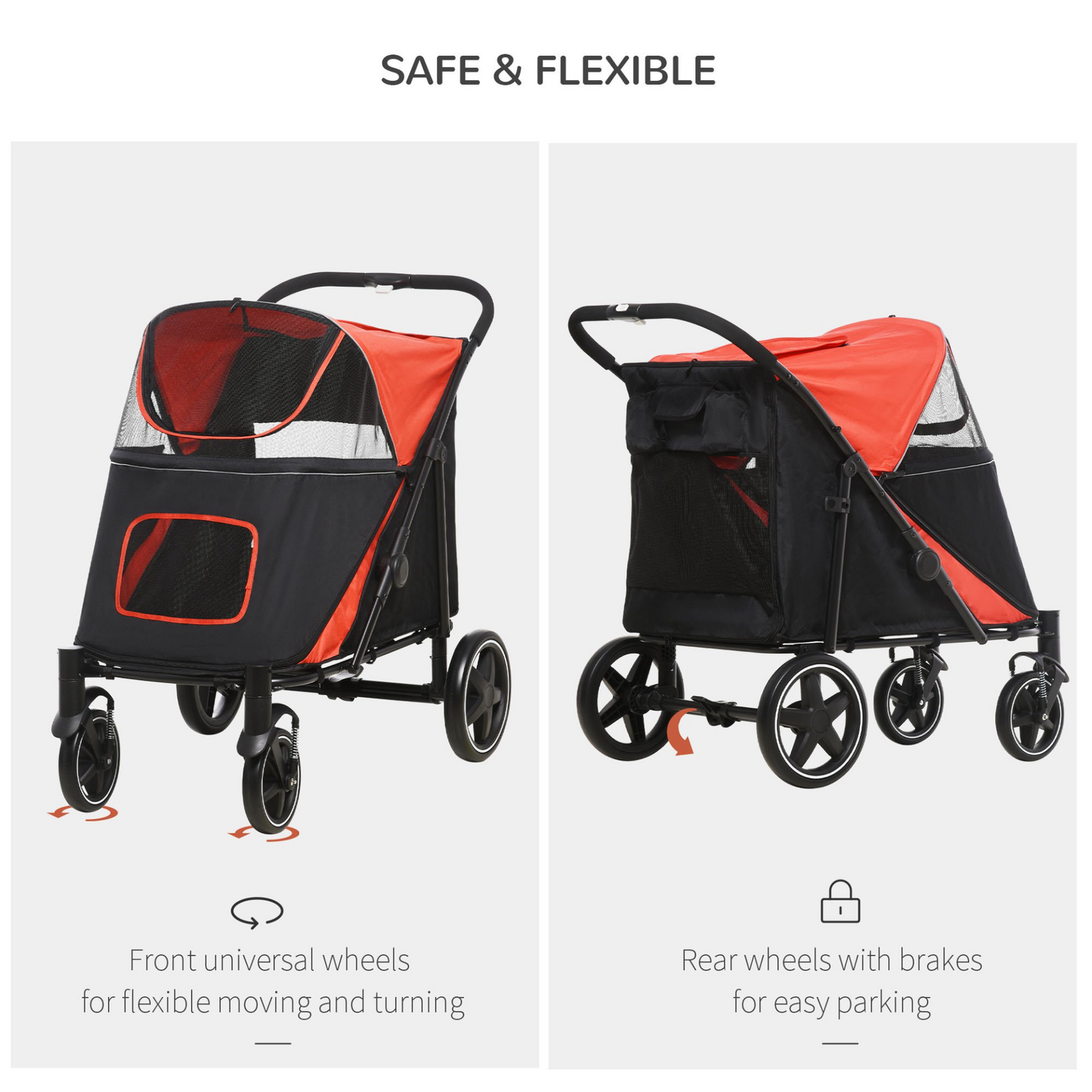 PawHut Pet Stroller w/ Universal Front Wheels, Shock Absorber, One Click Foldable Dog Cat Carriage w/ Brakes, Storage Bags, Mesh Window, Safety Leash, for Large and Medium Dogs - Red