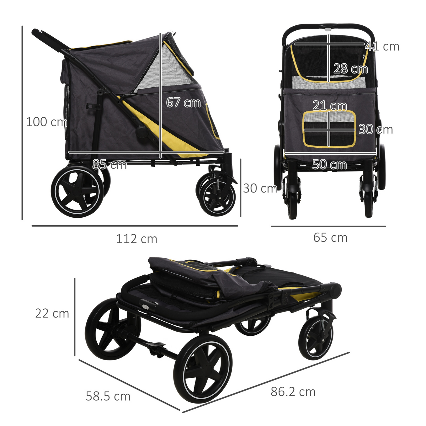 PawHut Pet Stroller w/ Universal Front Wheels, Shock Absorber, One Click Foldable Dog Cat Carriage w/ Brakes, Storage Bags, Mesh Window, Safety Leash, for Large and Medium Dogs - Grey