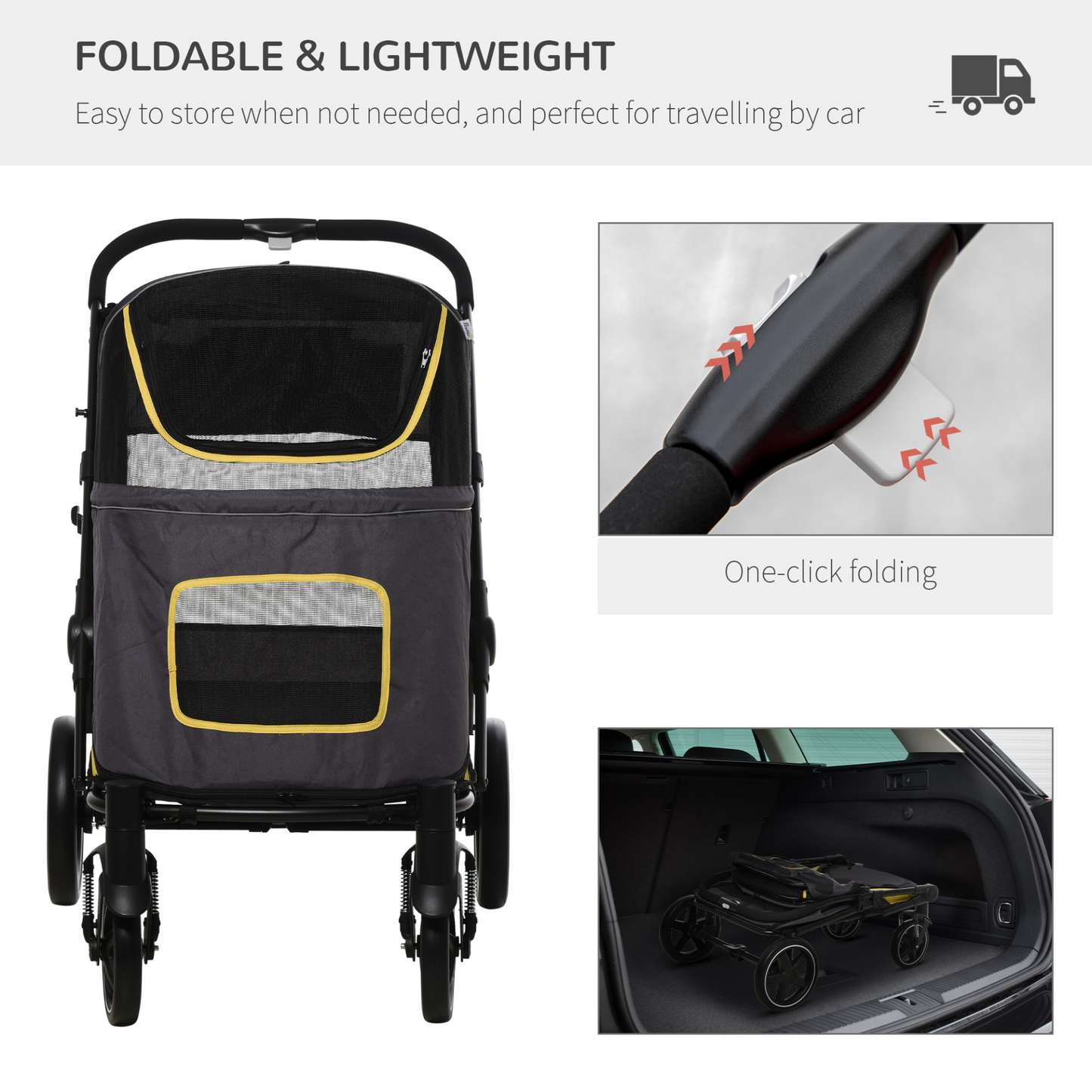 PawHut Pet Stroller w/ Universal Front Wheels, Shock Absorber, One Click Foldable Dog Cat Carriage w/ Brakes, Storage Bags, Mesh Window, Safety Leash, for Large and Medium Dogs - Grey