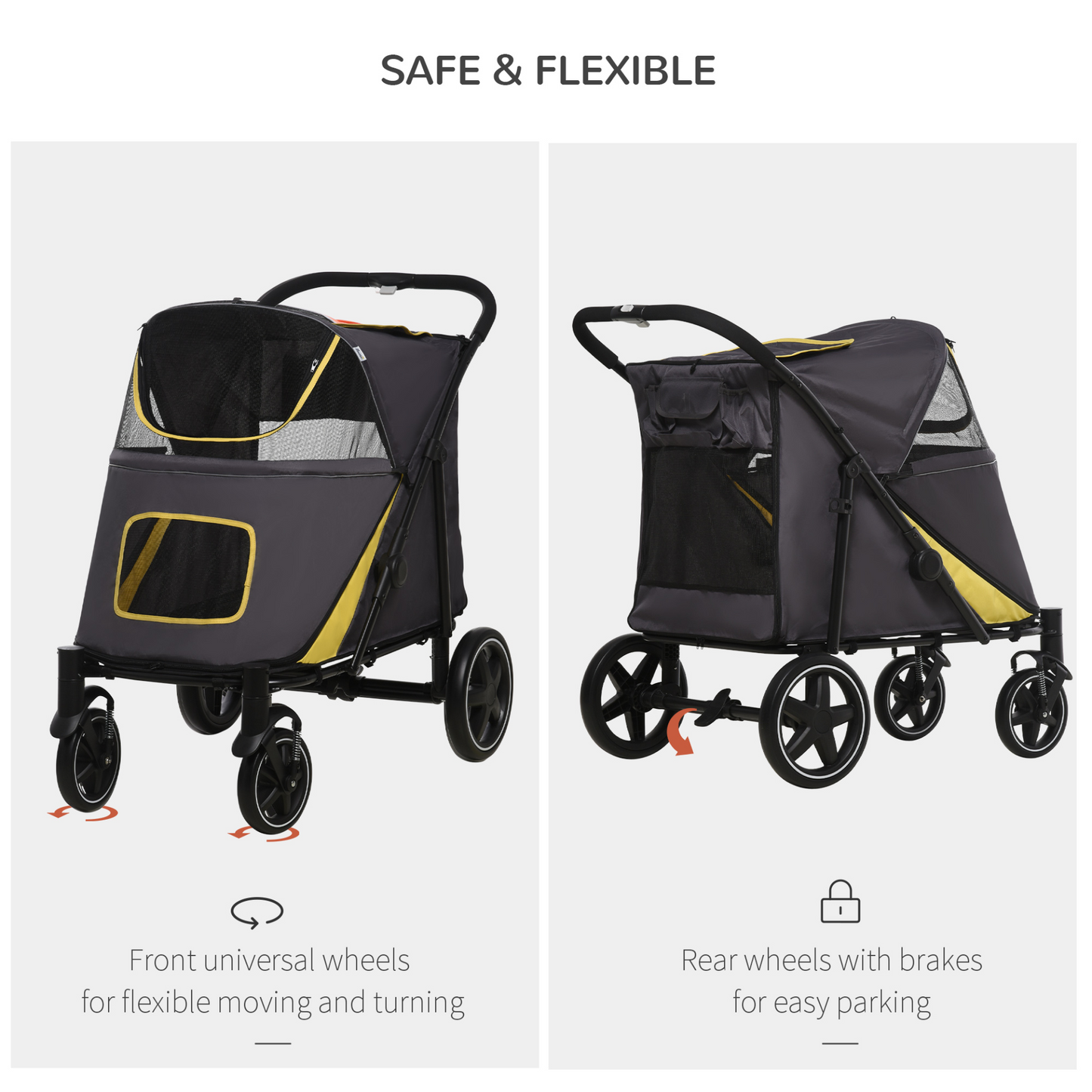 PawHut Pet Stroller w/ Universal Front Wheels, Shock Absorber, One Click Foldable Dog Cat Carriage w/ Brakes, Storage Bags, Mesh Window, Safety Leash, for Large and Medium Dogs - Grey