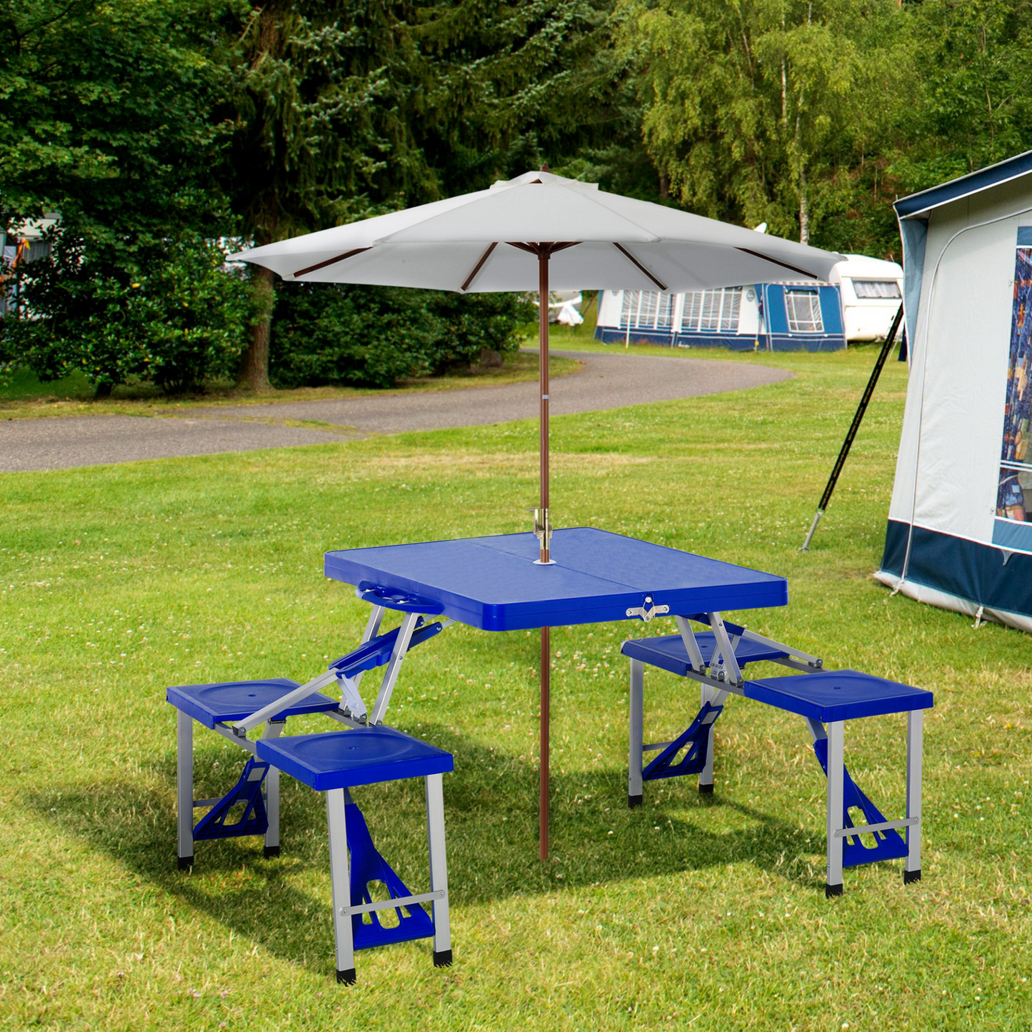 Outsunny Aluminum Picnic Table and Bench Set Camping Garden Party BBQ 4 Chair Stool Table Foldable and Portable - Blue