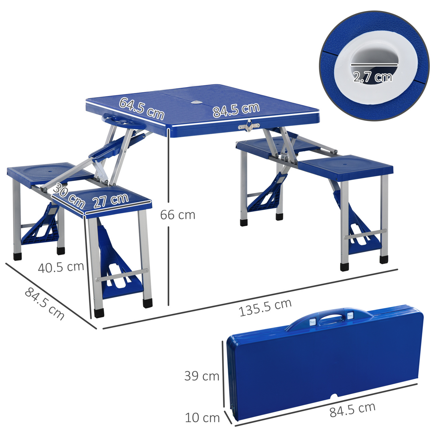 Outsunny Aluminum Picnic Table and Bench Set Camping Garden Party BBQ 4 Chair Stool Table Foldable and Portable - Blue