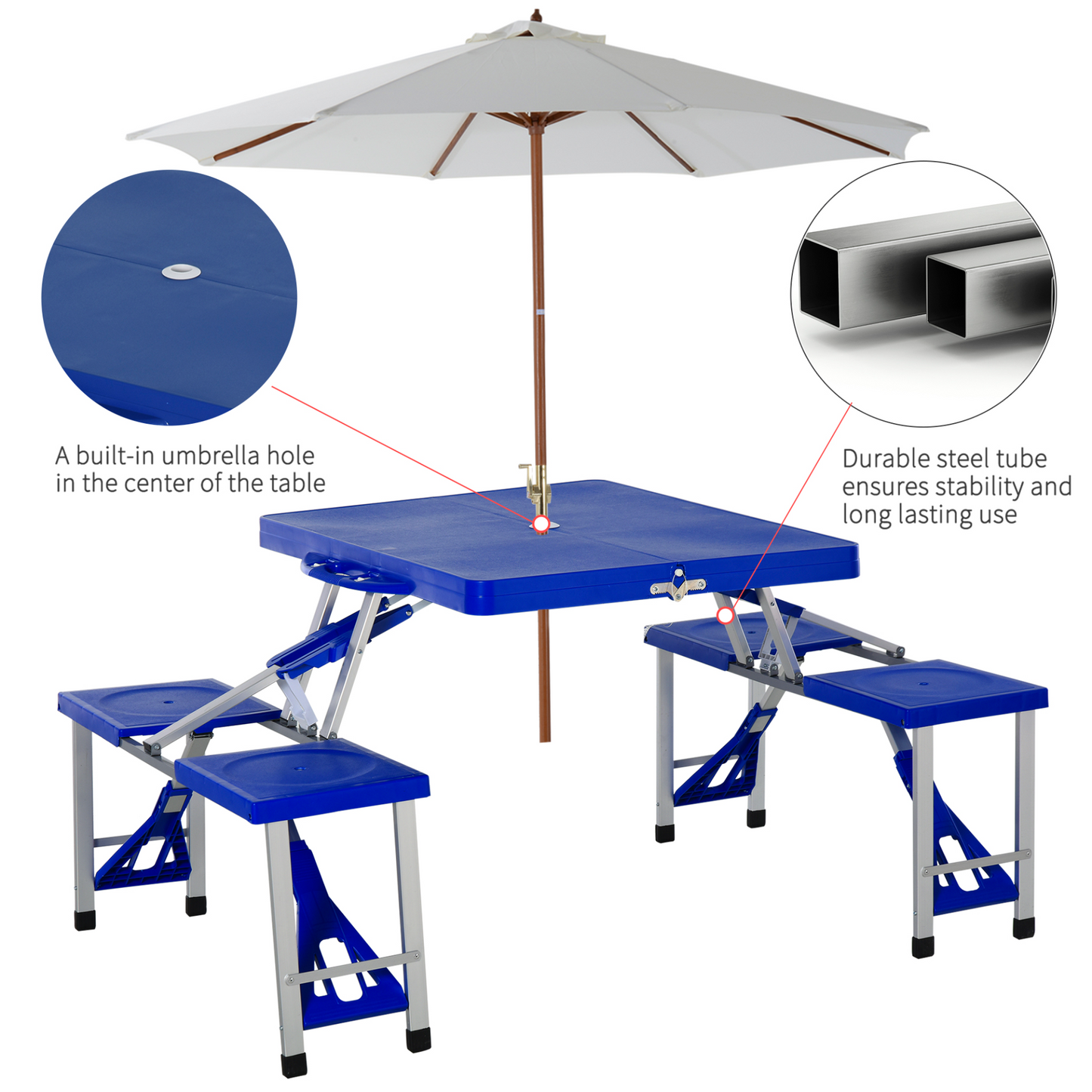 Outsunny Aluminum Picnic Table and Bench Set Camping Garden Party BBQ 4 Chair Stool Table Foldable and Portable - Blue