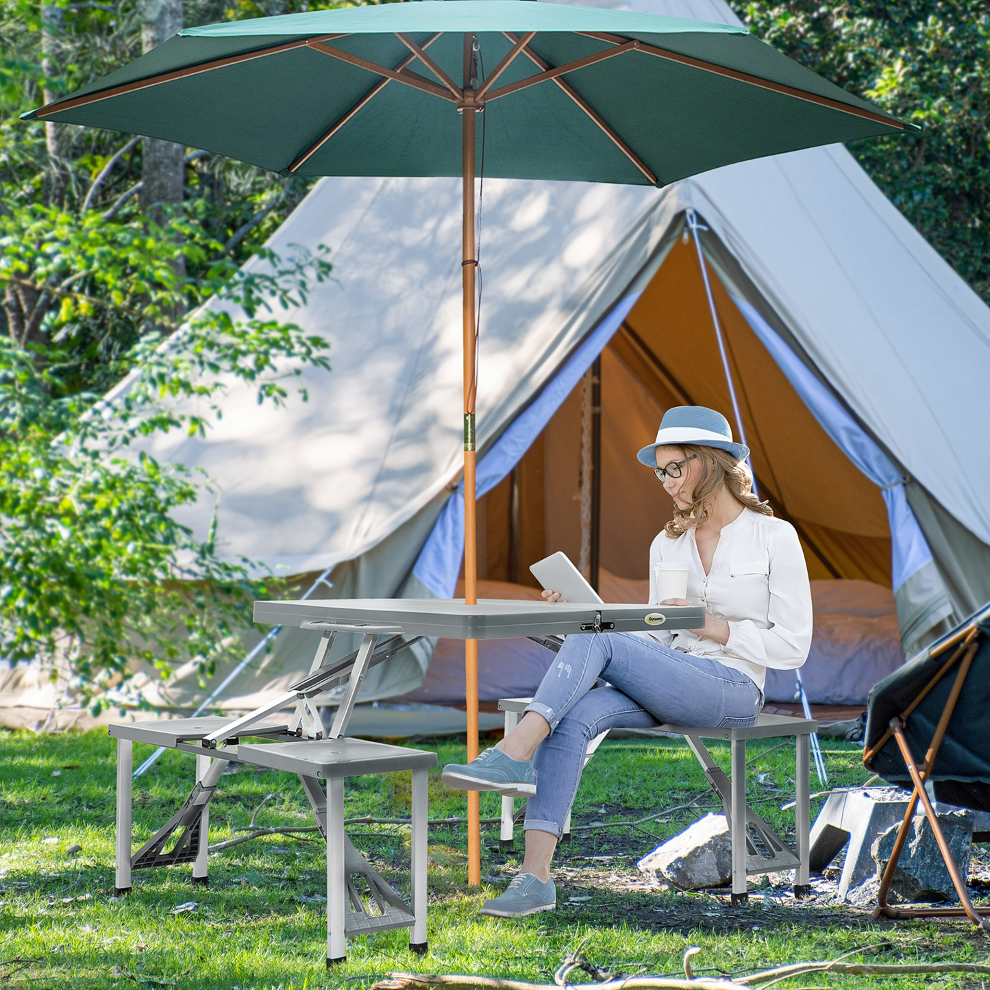 Outsunny Portable Foldable Camping Picnic Table with Seats Chairs and Umbrella Hole, 4-Kids Fold Up Travel Picnic Table, Grey