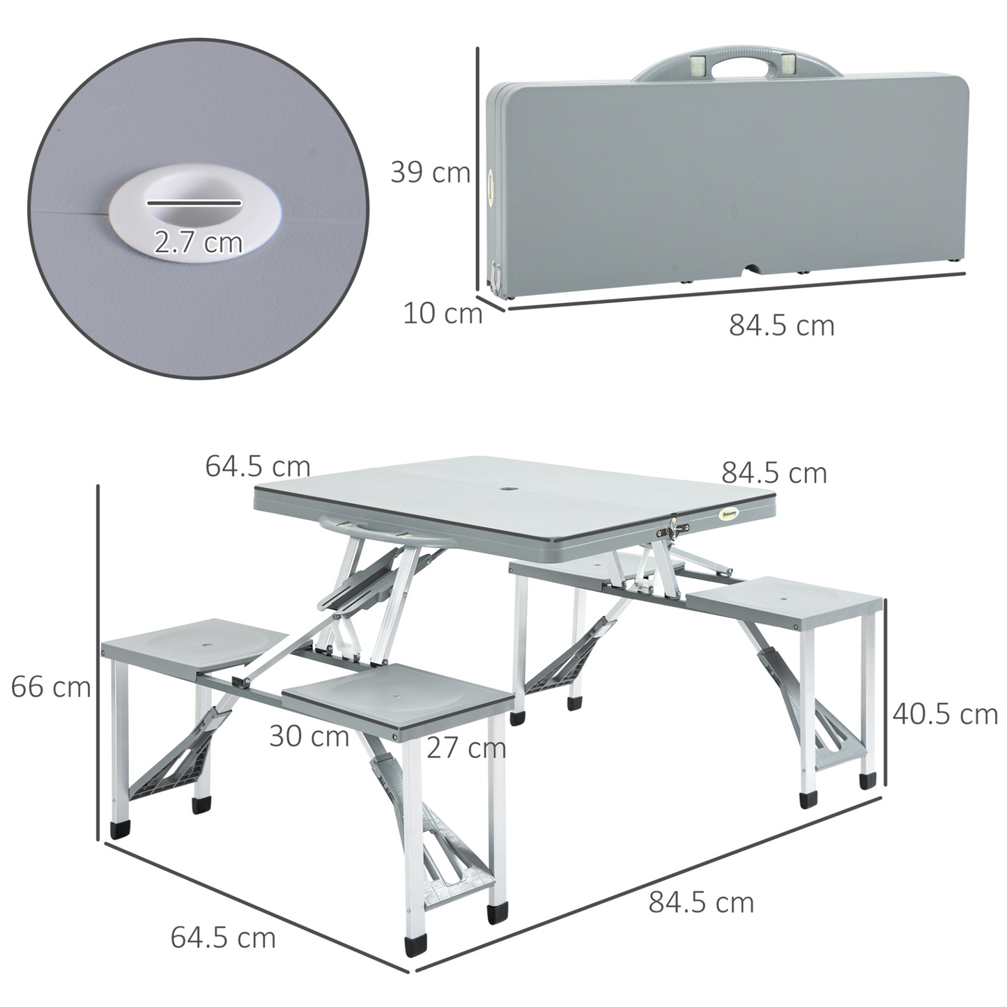 Outsunny Portable Foldable Camping Picnic Table with Seats Chairs and Umbrella Hole, 4-Kids Fold Up Travel Picnic Table, Grey