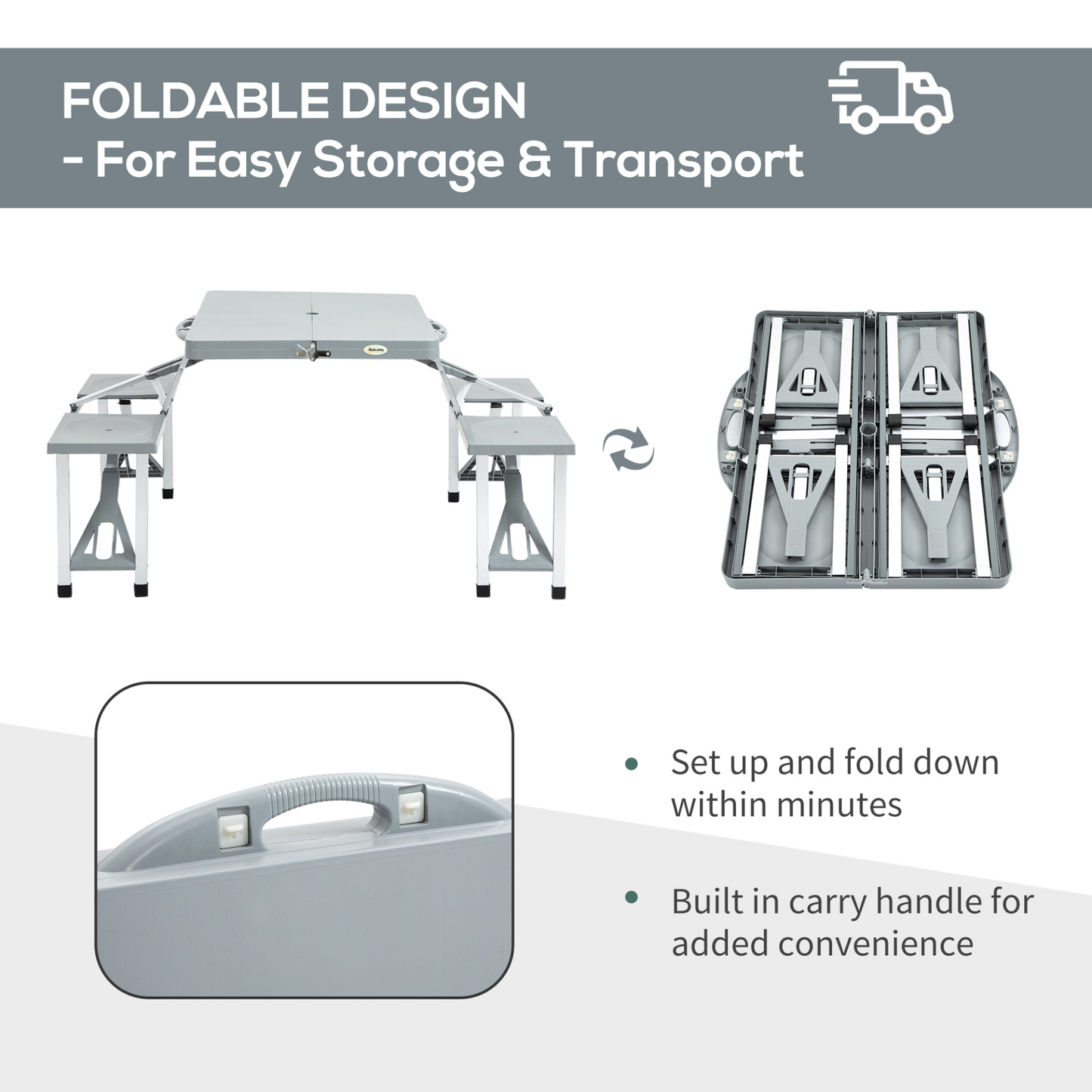 Outsunny Portable Foldable Camping Picnic Table with Seats Chairs and Umbrella Hole, 4-Kids Fold Up Travel Picnic Table, Grey