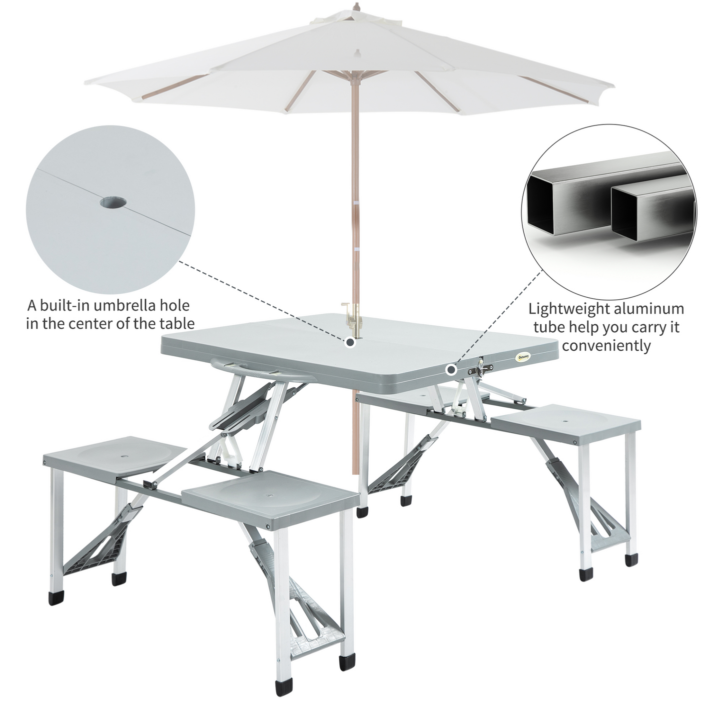 Outsunny Portable Foldable Camping Picnic Table with Seats Chairs and Umbrella Hole, 4-Kids Fold Up Travel Picnic Table, Grey