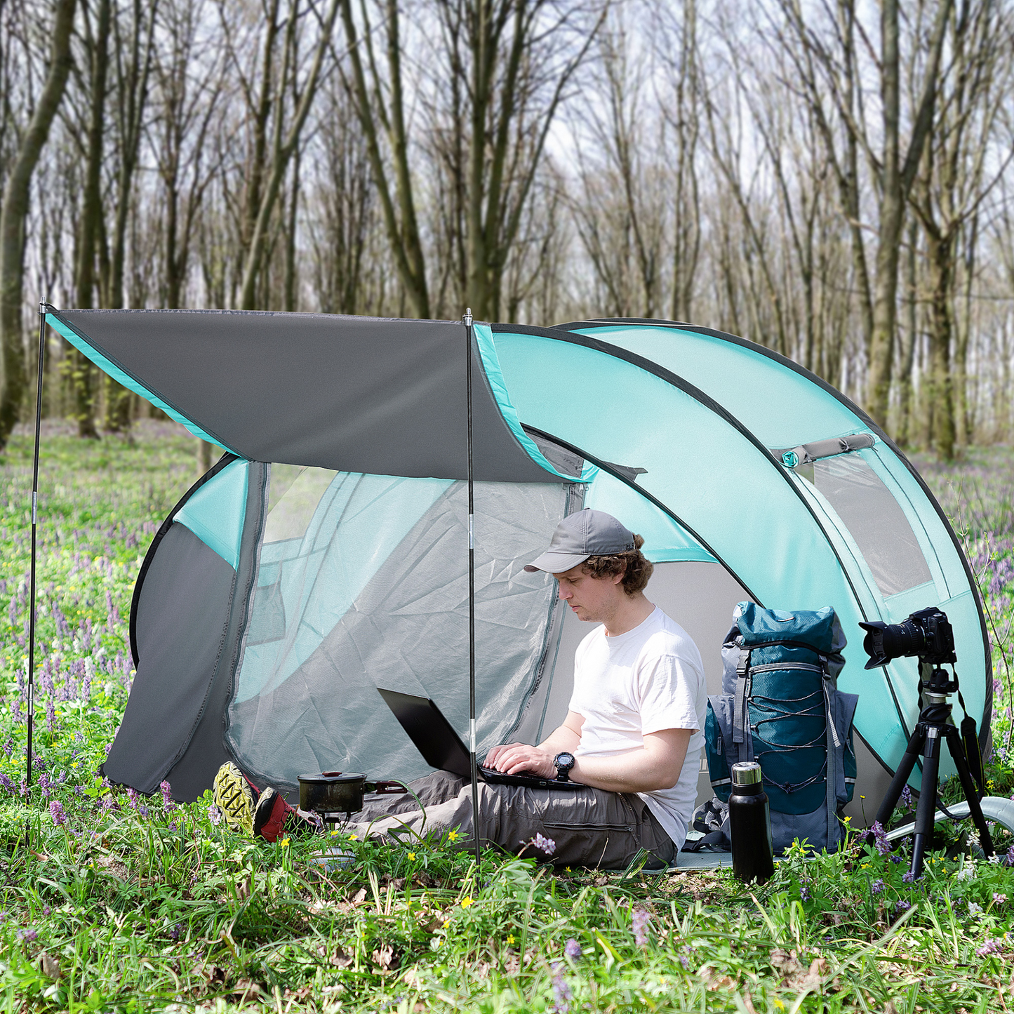 Outsunny 4 Person Pop Up Camping Tent with Weatherproof Cover, Instant Backpacking Tent with 2 Windows 2 Doors Portable Carry Bag for Fishing Hiking, Tiffany Blue