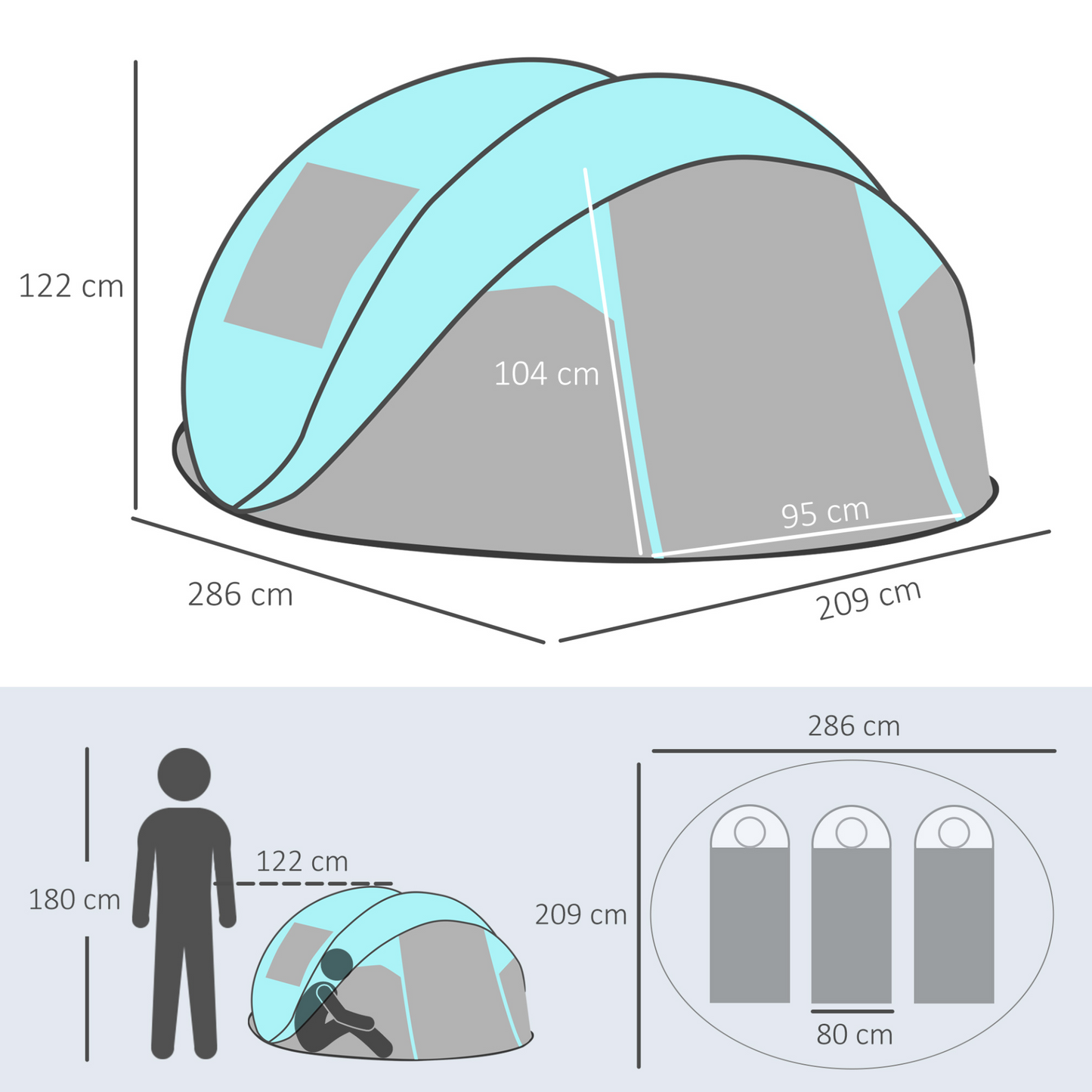 Outsunny 4 Person Pop Up Camping Tent with Weatherproof Cover, Instant Backpacking Tent with 2 Windows 2 Doors Portable Carry Bag for Fishing Hiking, Tiffany Blue