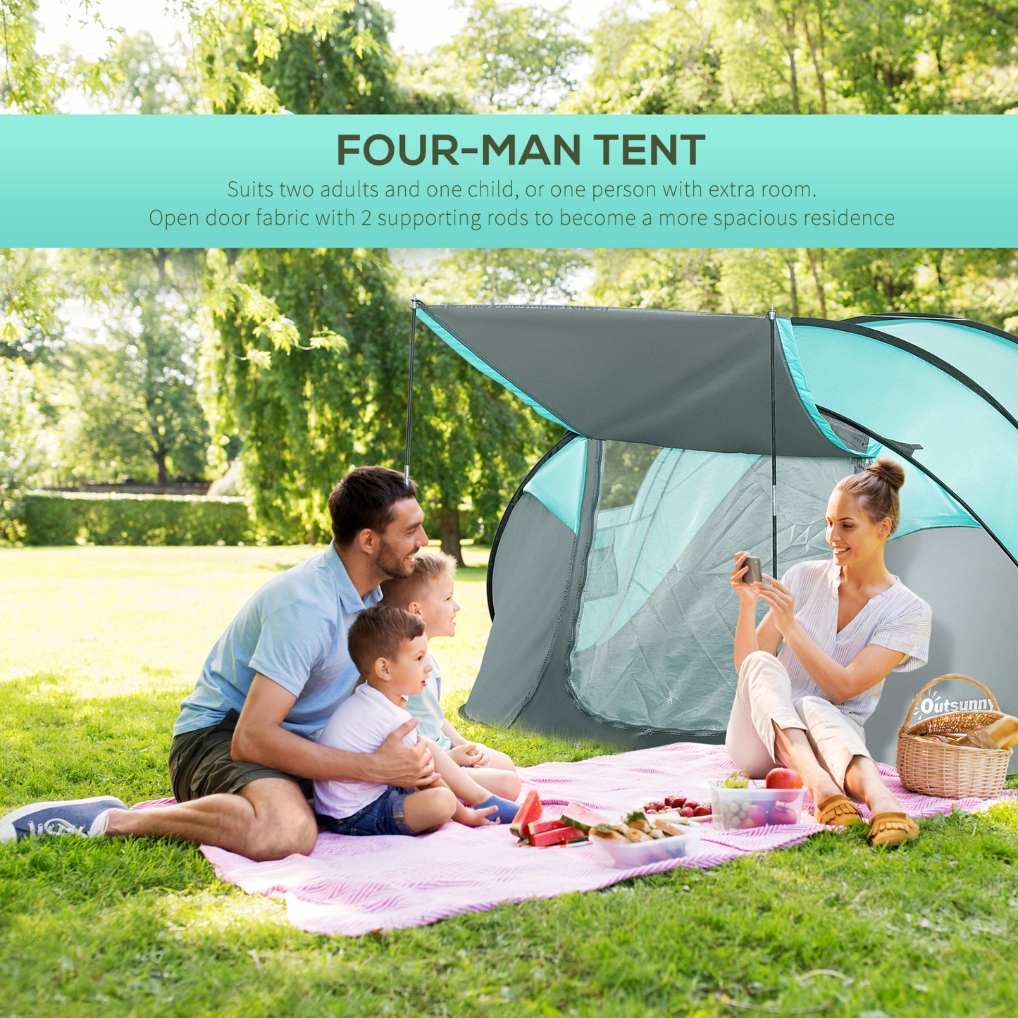 Outsunny 4 Person Pop Up Camping Tent with Weatherproof Cover, Instant Backpacking Tent with 2 Windows 2 Doors Portable Carry Bag for Fishing Hiking, Tiffany Blue