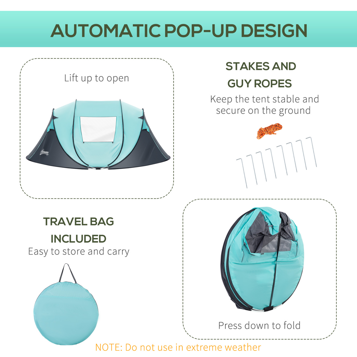 Outsunny 4 Person Pop Up Camping Tent with Weatherproof Cover, Instant Backpacking Tent with 2 Windows 2 Doors Portable Carry Bag for Fishing Hiking, Tiffany Blue