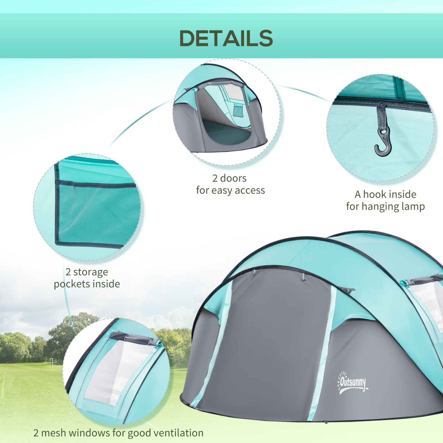 Outsunny 4 Person Pop Up Camping Tent with Weatherproof Cover, Instant Backpacking Tent with 2 Windows 2 Doors Portable Carry Bag for Fishing Hiking, Tiffany Blue