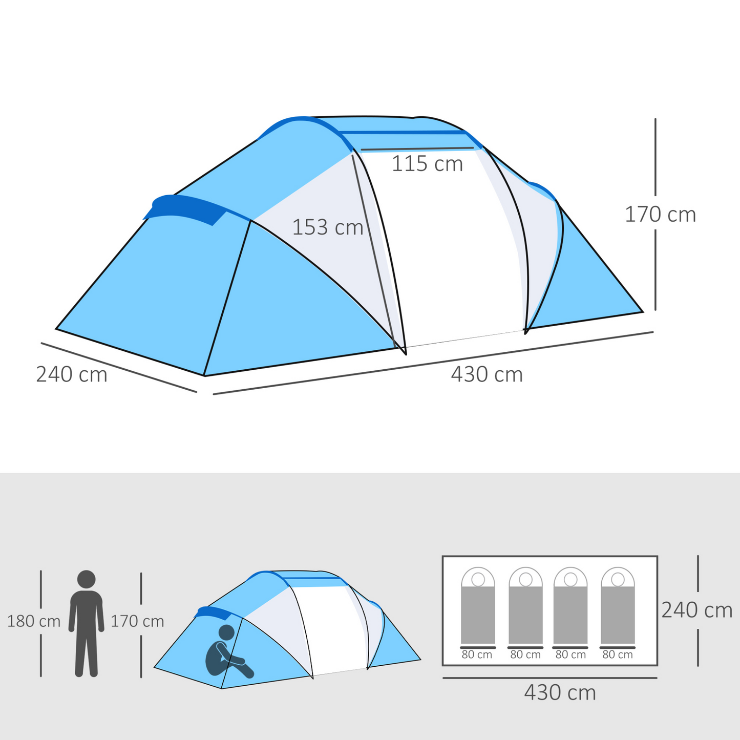 Outsunny 4-6 Man Camping Tent w/ Two Bedroom, Hiking Sun Shelter, UV Protection Tunnel Tent, Blue and White