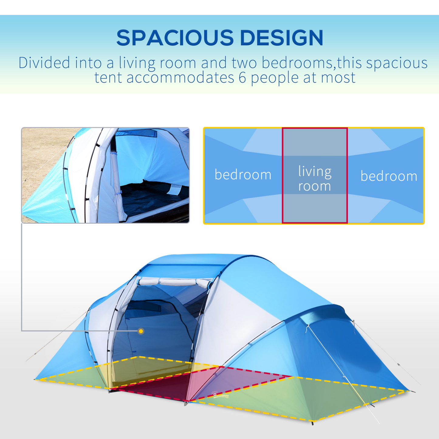 Outsunny 4-6 Man Camping Tent w/ Two Bedroom, Hiking Sun Shelter, UV Protection Tunnel Tent, Blue and White