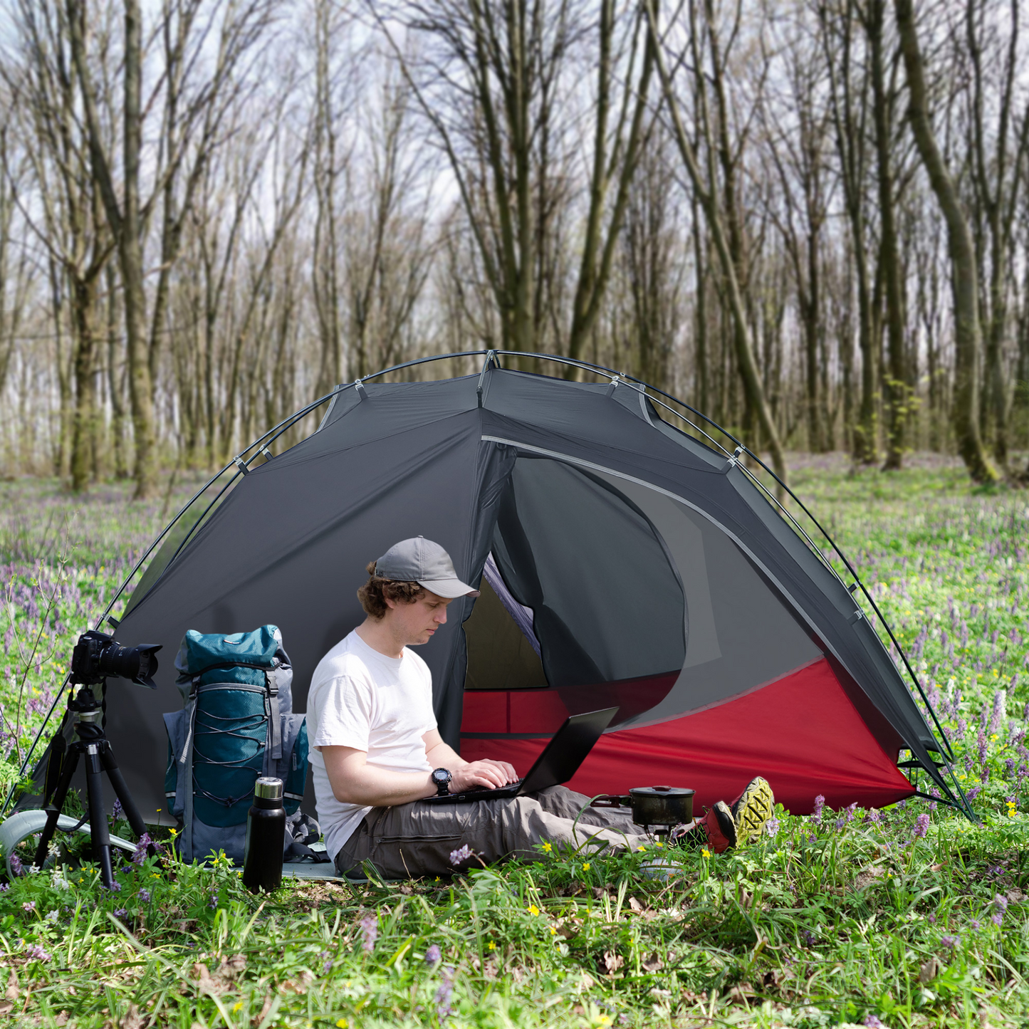 Outsunny Camping Tent, Compact 2 Man Dome Tent, Waterproof Lightweight Outdoor Tent with Double Layer Doors, Dark Grey