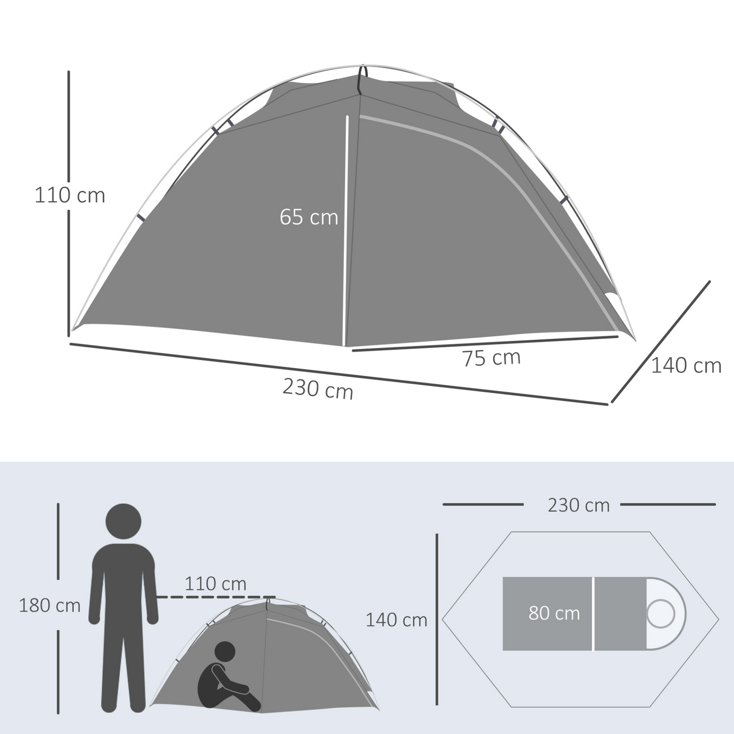 Outsunny Camping Tent, Compact 2 Man Dome Tent, Waterproof Lightweight Outdoor Tent with Double Layer Doors, Dark Grey