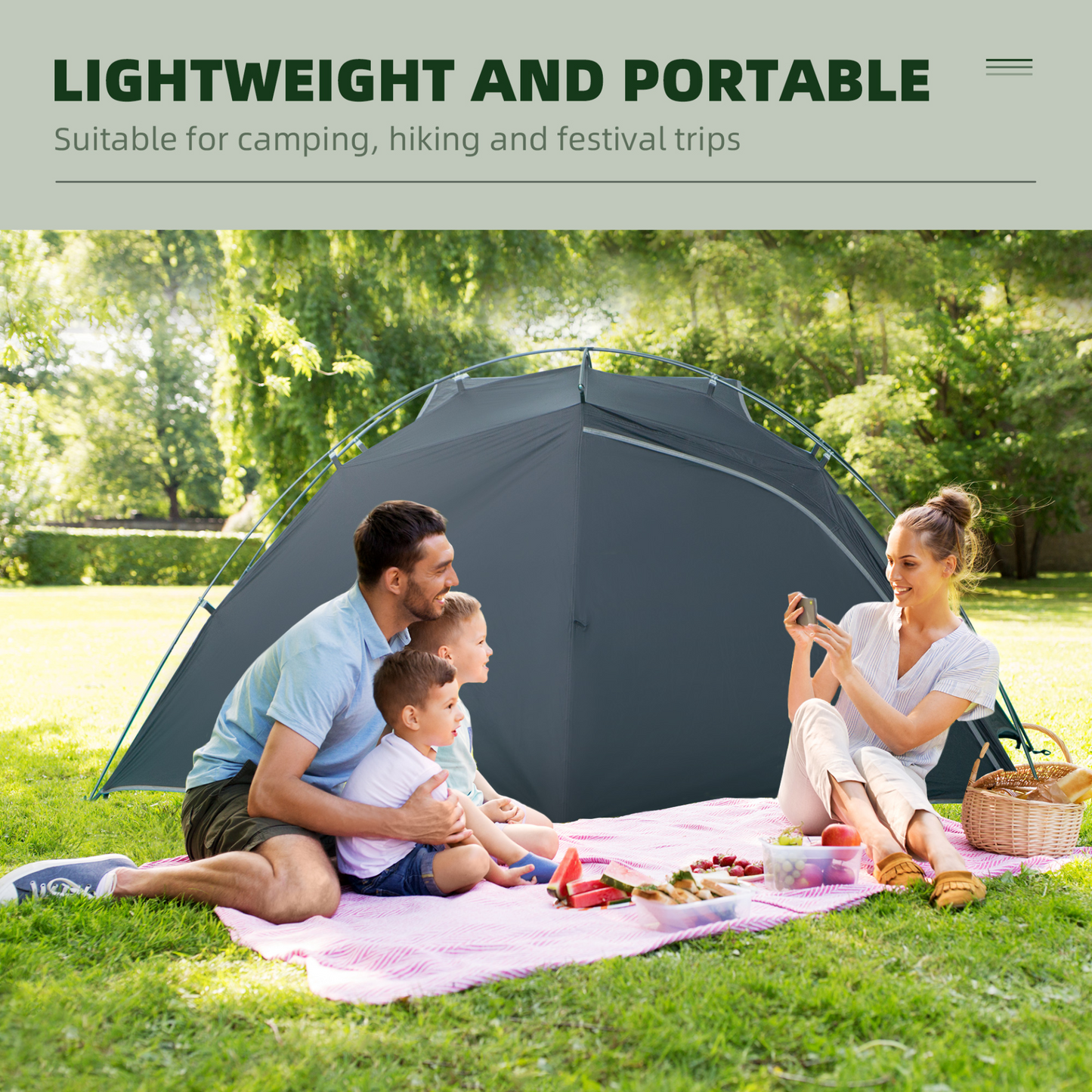 Outsunny Camping Tent, Compact 2 Man Dome Tent, Waterproof Lightweight Outdoor Tent with Double Layer Doors, Dark Grey