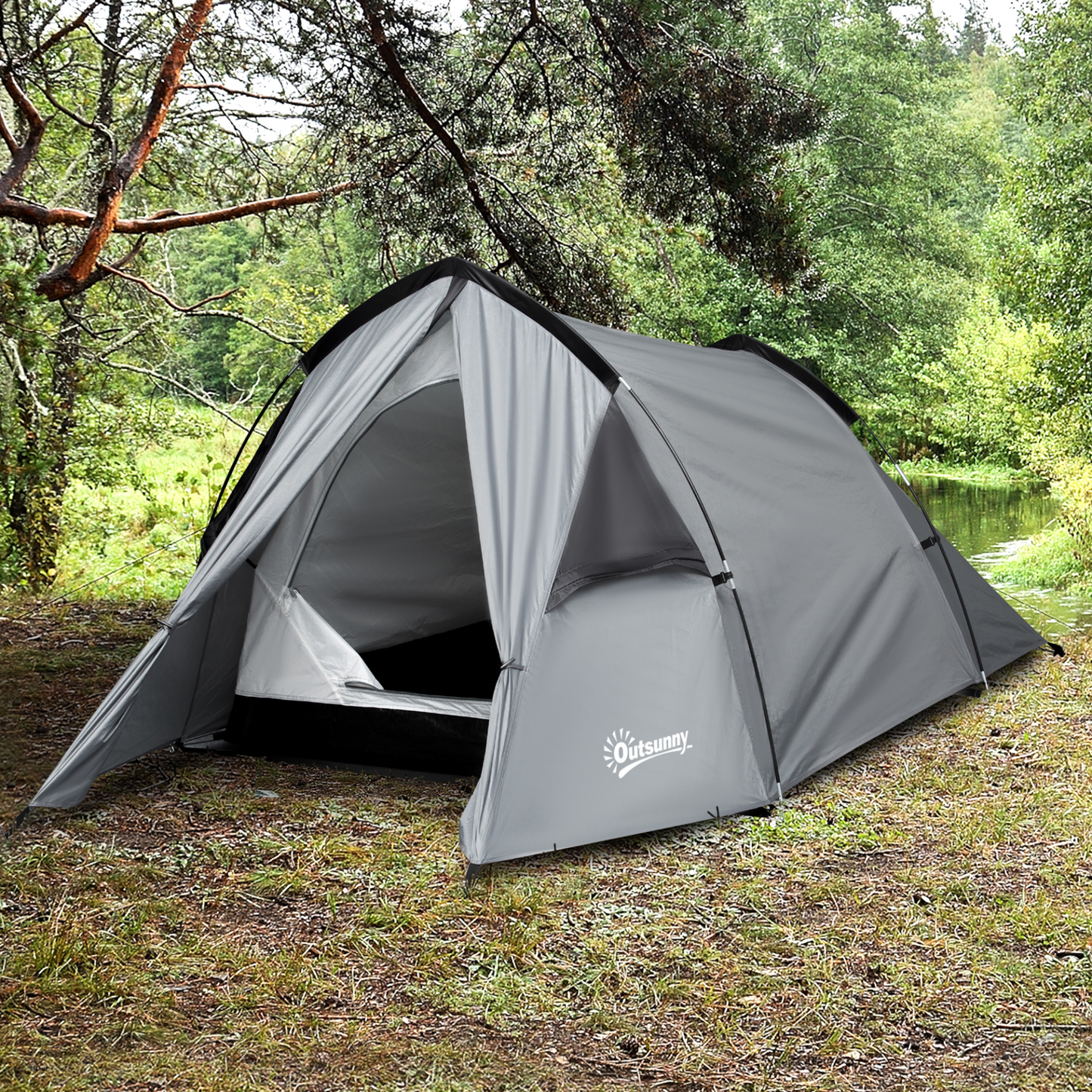 Outsunny 1-2 Man Camping Tunnel Tent  w/ Rain Fly Porch Mesh Window Double Layer Shelter Hiking Home Backpacking Vestibule Lightweight Fishing