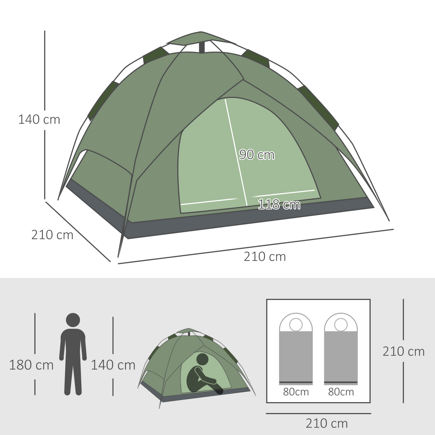 Outsunny 2 Man Pop Up Tent Camping Festival Hiking Family Travel Shelter Portable Double Layer Automatic Outdoor