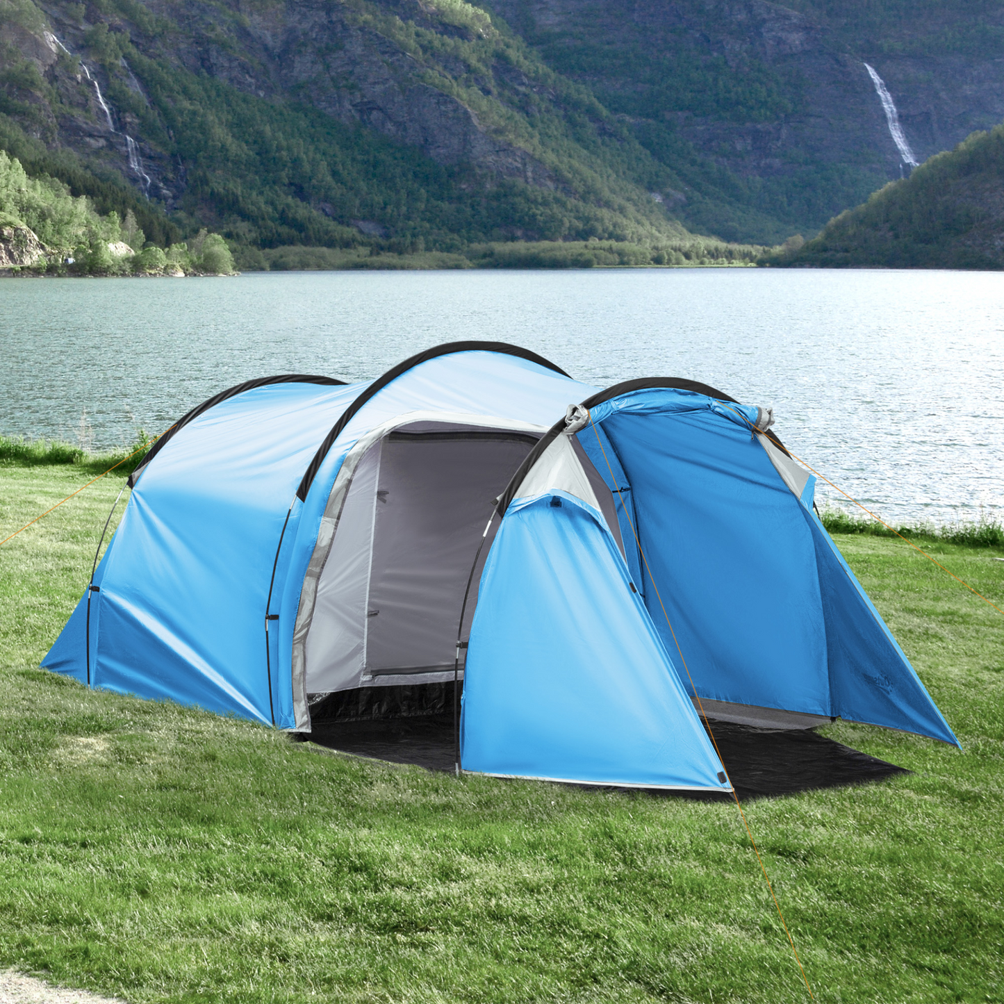 Outsunny 2-3 Man Tunnel Tents w/ Vestibule Camping Tent Porch Air Vents Rainfly Weather-Resistant Shelter Fishing Hiking Festival Shelter Home, Light Blue