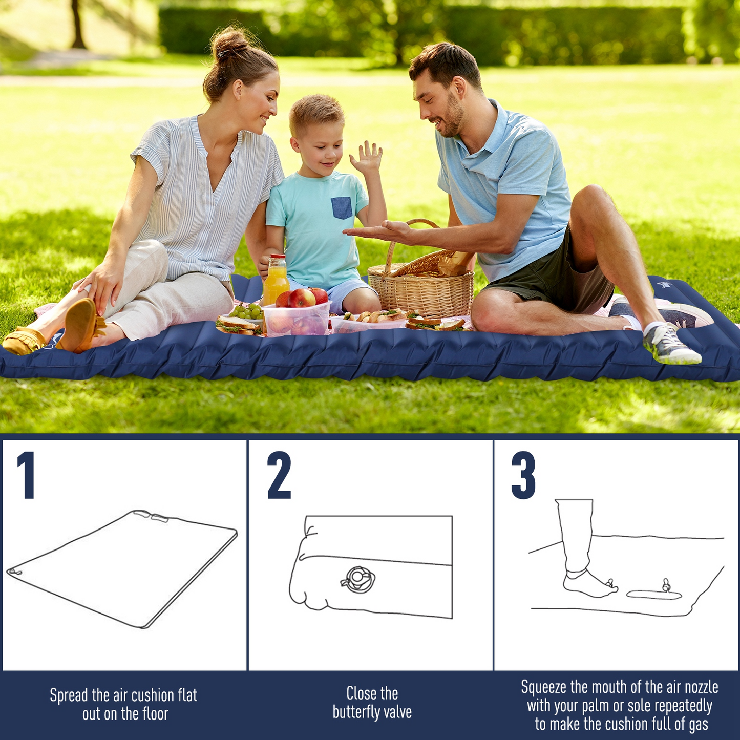 Outsunny 2 Person Camping Inflating Sleeping Mat Inflatable Mattress Ultralight Folding Bed Portable Air Pad for Outdoor Backpacking Hiking Travel - Blue