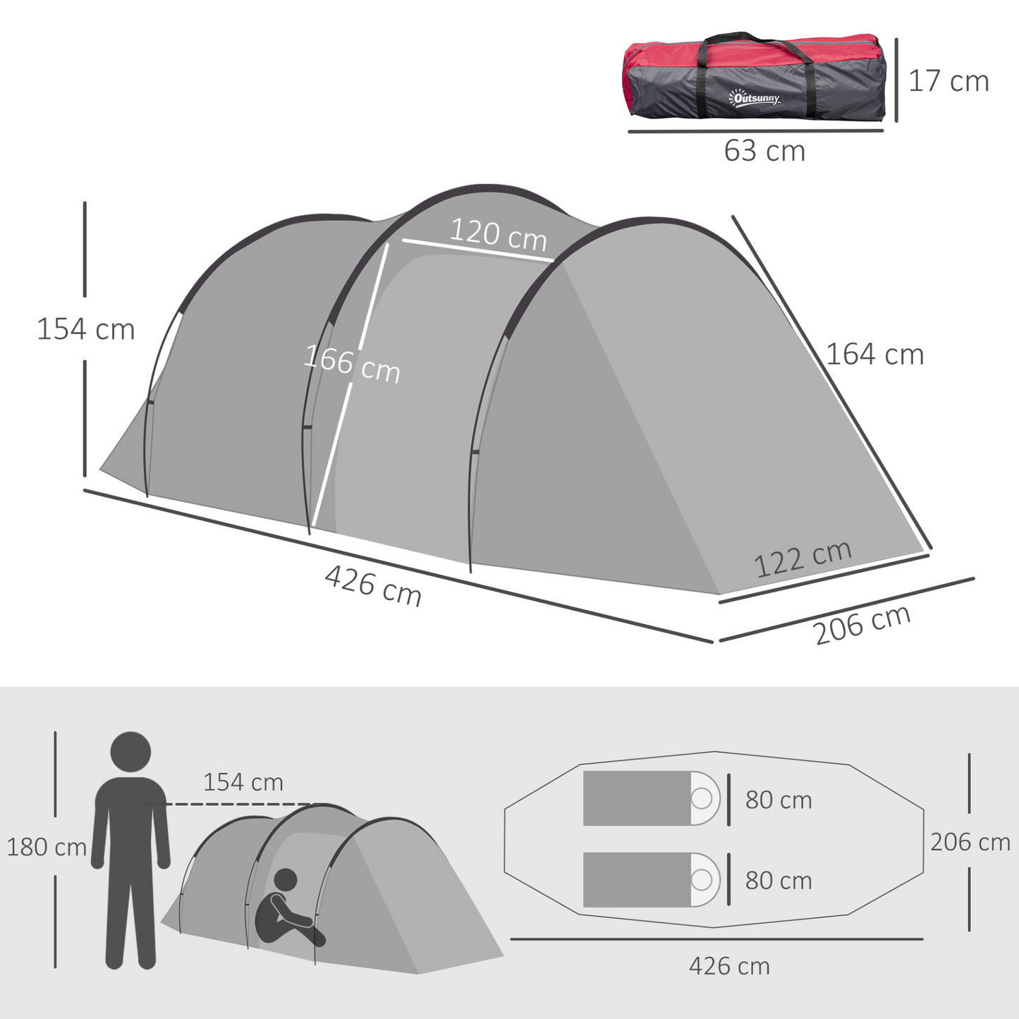 Outsunny 2-3 Man Tunnel Tents w/ Vestibule Camping Tent Porch Air Vents Rainfly Weather-Resistant Shelter Fishing Hiking Festival Shelter Home, Dark Grey