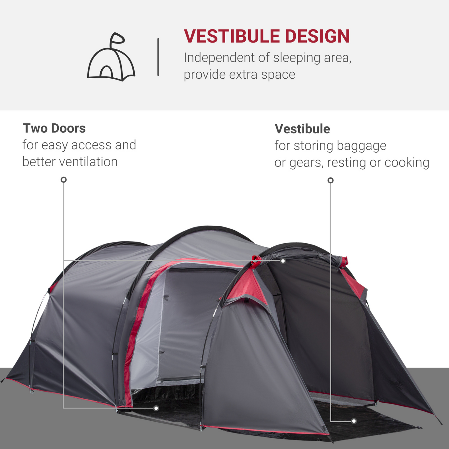 Outsunny 2-3 Man Tunnel Tents w/ Vestibule Camping Tent Porch Air Vents Rainfly Weather-Resistant Shelter Fishing Hiking Festival Shelter Home, Dark Grey