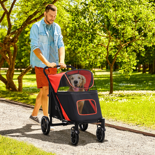 PawHut Pet Stroller w/ Universal Front Wheels, Shock Absorber, One Click Foldable Dog Cat Carriage w/ Brakes, Storage Bags, Mesh Window, Safety Leash, for Large and Medium Dogs - Red