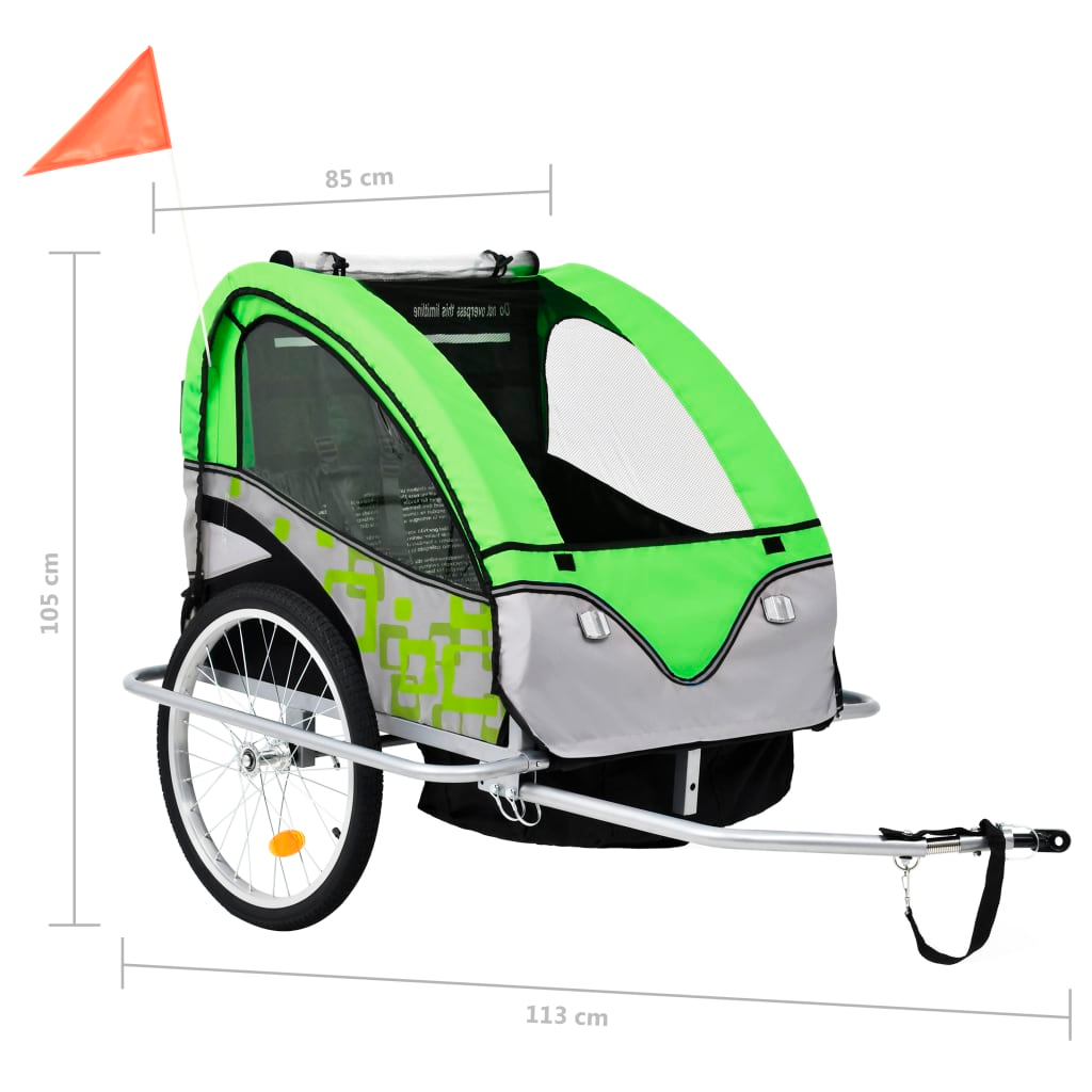 vidaXL 2-in-1 Kids' Bicycle Trailer & Stroller Green and Grey
