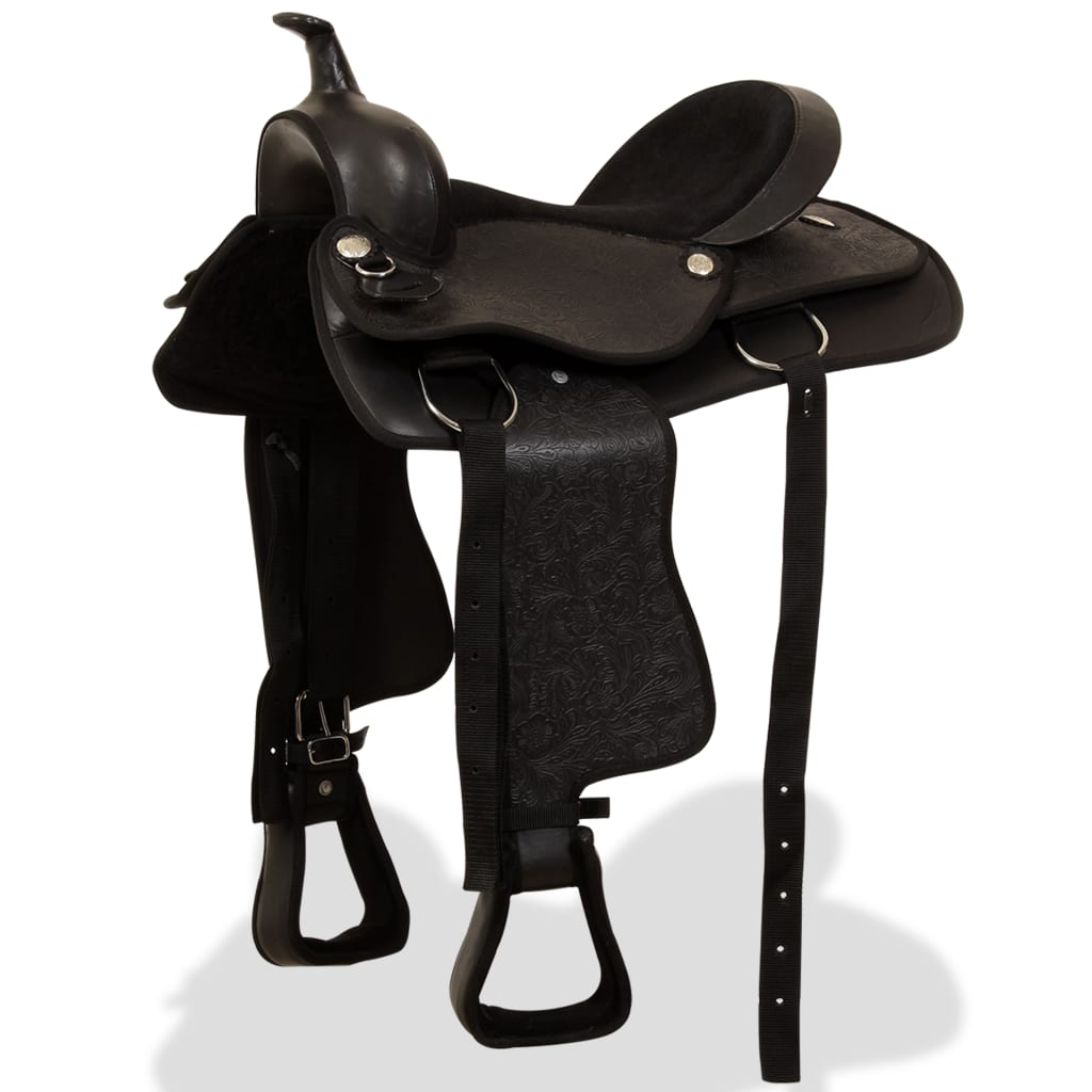 vidaXL Western Saddle. Headstall&Breast Collar Real Leather 17" Black
