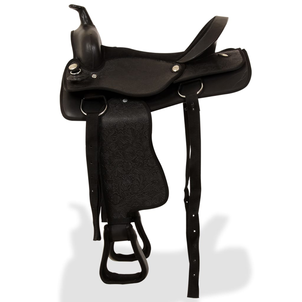 vidaXL Western Saddle. Headstall&Breast Collar Real Leather 16" Black