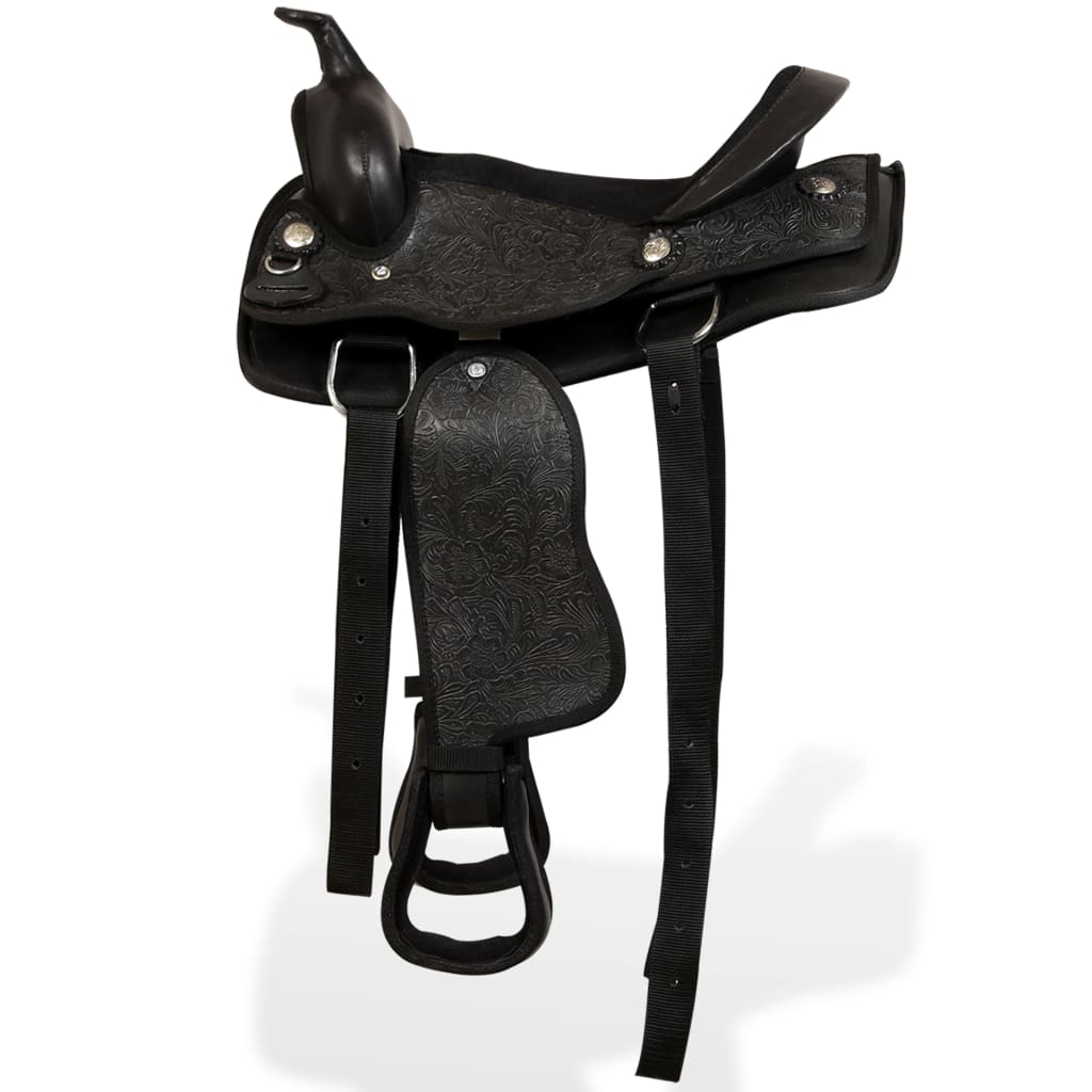 vidaXL Western Saddle. Headstall&Breast Collar Real Leather 13" Black